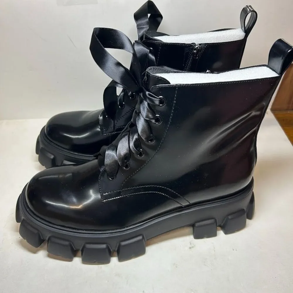 SMASH Womens 14 M Black Patent Nia Ribbon Laced Platform Booties NIB RZ6
